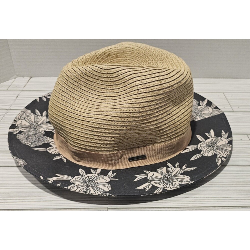 Roxy Hat Navy Blue & White Flowers on Brim And Tan Ribbon S/M 21.5in Approx.